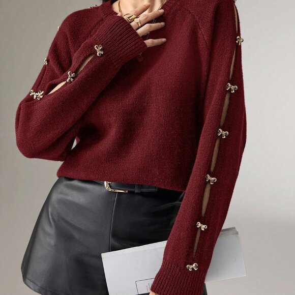 MODA ME COUTURE Sweaters - Casual Women's Burgundy Round Neck Gold Metal Bow Decor knit Sweater top